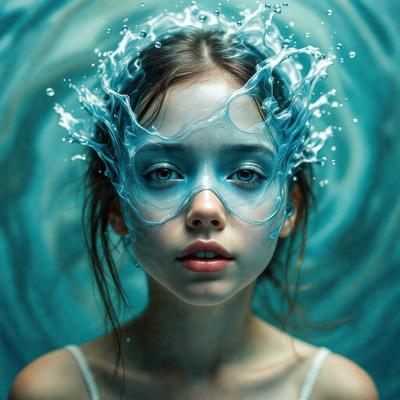 The primary subject of the image is a young girl with blue eyes, wearing a blue mask. She is surrounded by a blue and white background, which adds to the overall mood of the scene. The visual style of the image is a combination of photo and digital art, creating a unique and artistic representation of the girl. The colors and mood of the image are predominantly blue, giving it a calm and serene atmosphere.